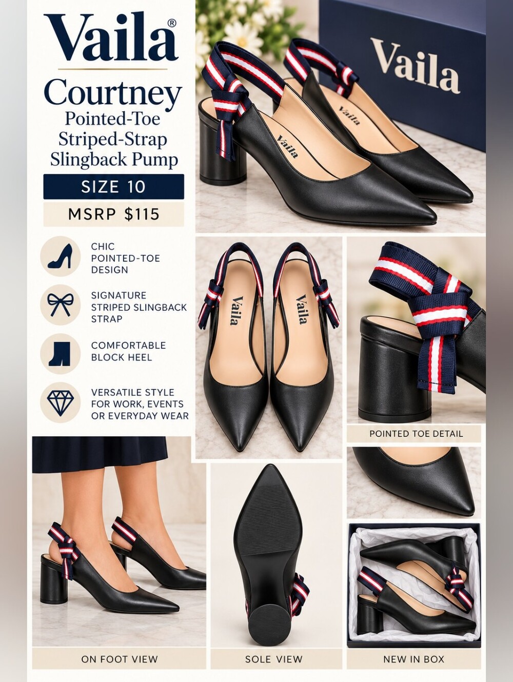 Vaila Courtney Pointed-Toe Black Slingback Pump with Striped Strap - NIB